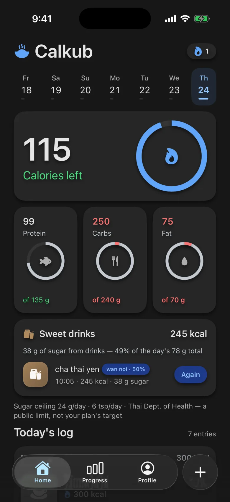 Calkub home screen in dark mode
